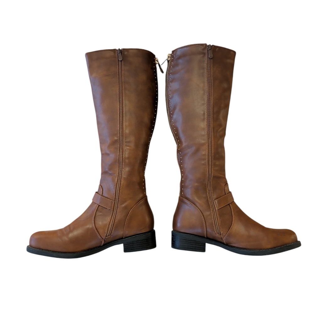 Dream Pairs Intruder-3 Stud Embellished Heeled Tall Boots 9.5 Brown Full Zipper - Picture 14 of 16